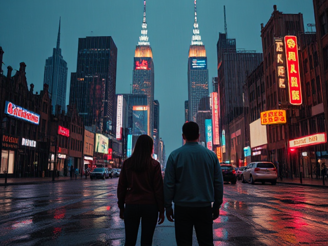 Create an image of two people standing infront of a wrecked neon city in the rain. Make one of them a 16 year old and the other one a 37 year old. Title it as That Day