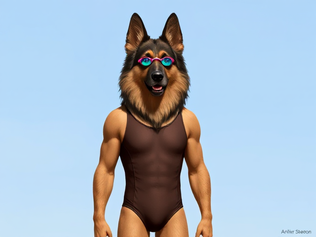 A anthropomorphic long haired German shepherd Olympic swimmer standing tall, while wearing a one piece swimsuit and swimming goggles