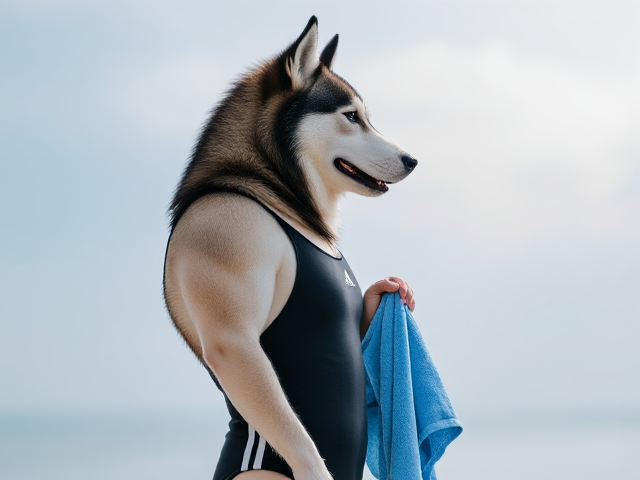 A tall anthropomorphic Siberian husky wearing an adidas swimsuit drying off with a towel