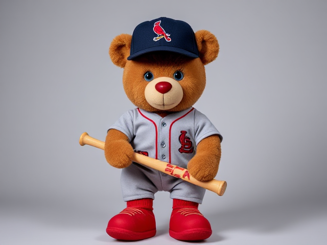 A human thin teddy bear 5 feet 8 inches tall orange tan fur blue eyes wearing a cardinals uniform navy hat with cardinal bird logo grey jersey and pants with  red socks red cleats holding a new baseball bat that's tan with red grip tape