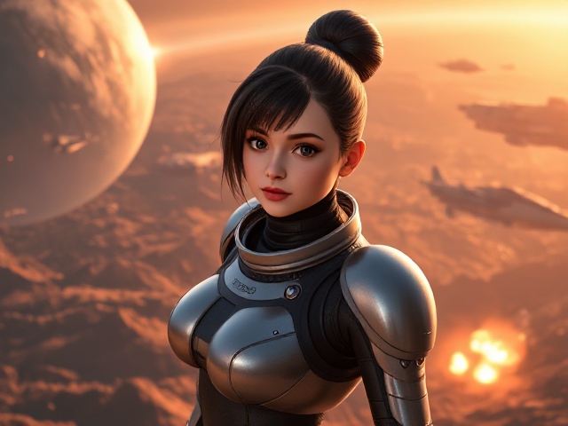 25 year old Goth Girl in robotic battle suit on a planet, spacecrafts and battleships in background, shiny translucent planet, explosions on battlefield, hyper realistic, 4K