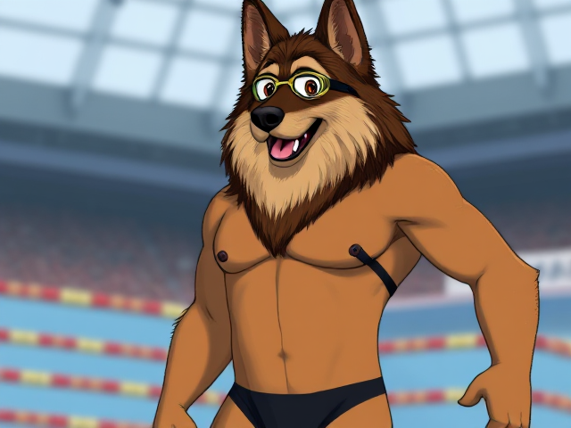 A tall anthropomorphic long haired German shepherd Olympic swimmer with a long torso, wearing a one piece swimsuit and swimming goggles