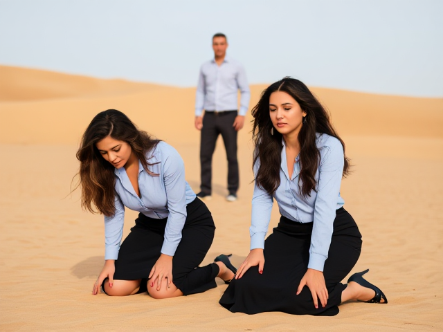 Two beautiful brunettes in light blue  long-sleeved button-up shirts, black long skirts, and black heels on their knees in fear in the desert. A man standing behind them