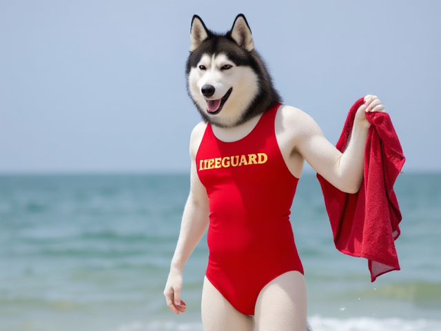 A tall anthropomorphic Siberian husky wearing a red lifeguard one piece swimsuit drying off with a towel