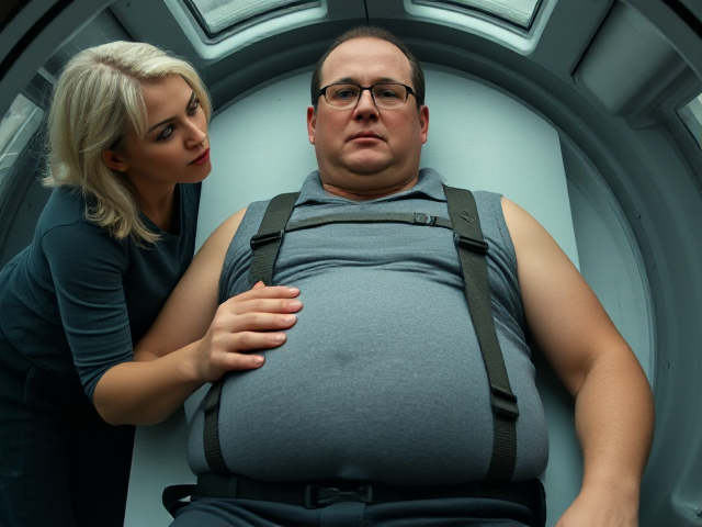 A middle age man of a medium build, glasses, and a receding hairline. His hair is mostly bald on top but appears darker at the sides. He has a serious expression. His body type is somewhat stocky, with a round and slightly protruding belly . He is wearing a sleeveless tight grey shirt and is wearing workpants, he is  laying flat on back inside a capsule with glass top. A young smaller woman, with silver-white hair, has an intense and piercing  expression as she stands on the outside (and behind the man to his left shoulder) of the capsule and touches the mans belly and kisses his lips, The man looks over his left shoulder to see her, enjoying kisses, but his expression serious. This scene suggests a moment of tension or confrontation between the two characters.
The grey  "hump" under the man's chin is the man’s round belly, as the angle of the shot is of the man layin DOWN FLAT ON BACK,  harnessed in,strap going around round belly, arms still at the man’s sides.  and the camera is facing up from right under his round belly, camera angle adds to this effect