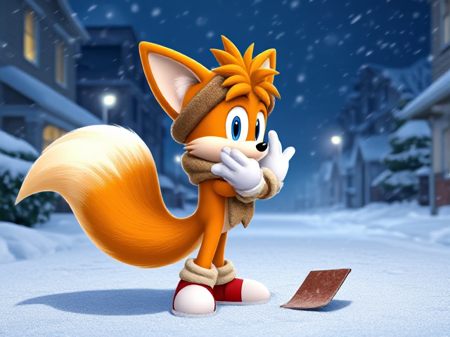 A highly detailed, full-body side shot illustration of a young and adorable Miles "Tails" Prower from the Sonic the Hedgehog video game series. Tails is standing outside late at night on a snow-covered driveway during a fierce snow blizzard. He is wearing a cozy scarf and winter hat, attempting to shovel the driveway, but the intense blizzard is hindering his efforts. Tails’ two fluffy tails are blowing violently in the strong wind behind him. His hands are outstretched in front of his face as he tries to shield himself from the harsh wind