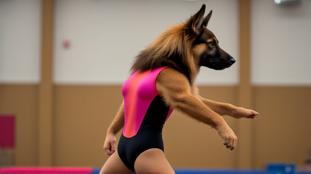 Anthropomorphic Long-Haired German Shepherd wearing a vibrant gymnastics leotard, posing dynamically in a gym setting, detailed fur texture and realistic lighting