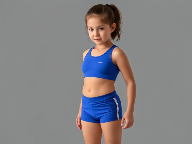 Small girl wearing blue Nike pro Lycra shorts and sports crop top