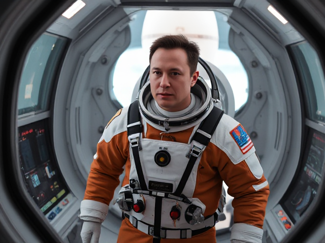 Elon Musk in a detailed astronaut suit, standing inside a brightly lit rocket with visible control panels, seen clearly through the window from an exterior view of the modern rocket