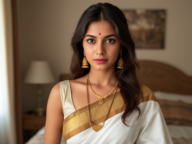 Indian woman with brown eyes, brown hair in a bedroom with a white saree on and gold bangels, earrings, rights, and anklets, moles on cheek and forehead