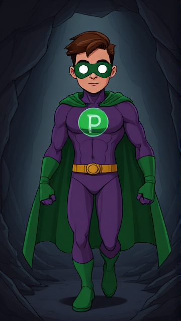 Dramatic Cartoon scene: A young, Autistic 25-year old boy with light skin and flat, smooth, and slick brown hair with a singular curled bang in the shape of a P sticking out at the front named T.J. Granger, but transformed into a genetically-altered superhero named Powerman, who, despite still being a young adult kid, has an extremely muscular body. He wears a sleek purple bodysuit with a green P symbol on his chest, a golden belt with a circular buckle, green briefs, green boots, green long-cuffed gloves, a really big, toe-length long, ultra-wide green cape wreathed around his neck, and a green eye mask that protects his true identity and also causes his pupils to magically disappear as his eyes glow an eerie white. He also has incredible and invincible superpowers flowing through his veins. In this scene, Powerman is currently walking through a dark cavern, searching for a lost citizen that has been kidnapped.