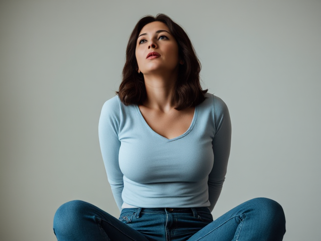 Brunette actress with dark brown hair wearing a light blue long sleeve top and  blue jeans on her knees. She is looking up at some man and she is desperately pleading for herself . Her hands are behind her unable to move