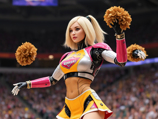 Futuristic female robot dressed as a cheerleader, performing a dynamic cheer routine in a stadium, vibrant colors, detailed mechanical features, blonde human head