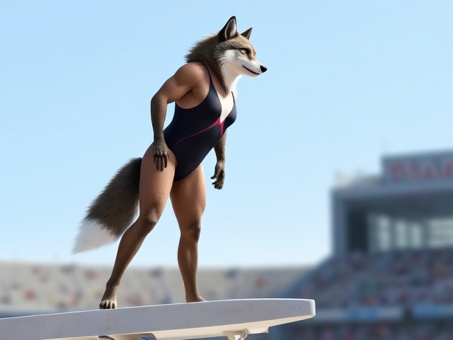 A anthropomorphic wolf Olympic diver, wearing a high cut one piece swimsuit, standing on a springboard