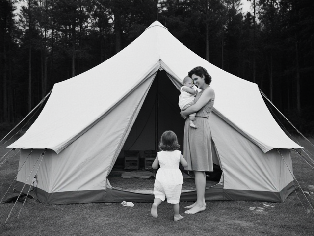 1940 tent camping and mother standing holding baby and young girl running to mother
