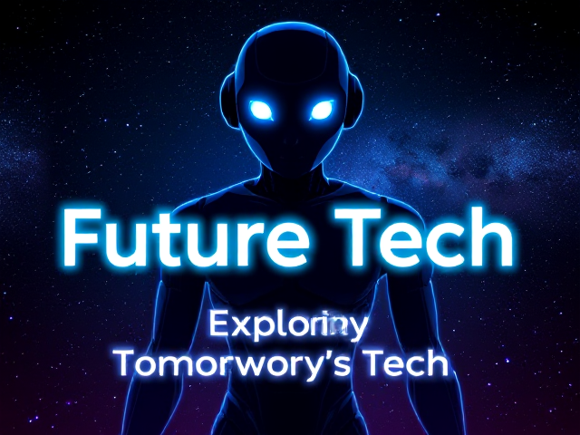 A futuristic design featuring a sleek robot silhouette with glowing blue eyes, standing against a galaxy-inspired backdrop filled with stars and nebulae, holographic text reading "Future Tech Digest" in bold, shimmering typography at the center, with the tagline "Exploring Tomorrow's Tech" in smaller, glowing white font below, vibrant neon lighting highlights the robot and text, creating a sense of innovation, wonder, and cutting-edge technology --v 5 --stylize 1000