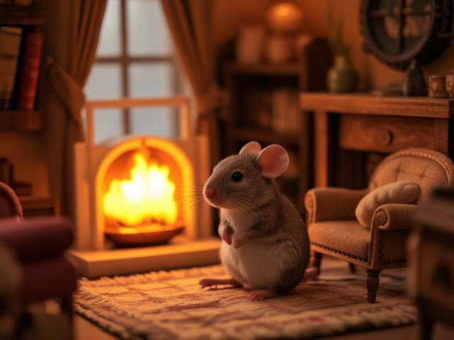 Mouse sitting in a cozy, warmly lit room with a small fireplace, surrounded by tiny furniture like a miniature armchair and bookshelf, decorated with soft textiles and warm colors