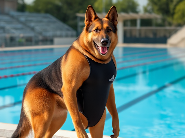 A tall and lean anthropomorphic long-haired German shepherd with broad shoulders and a long torso, wearing a adidas one piece swimsuit while standing next to a Olympic-Sized swimming pool