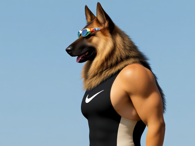 A tall and lean anthropomorphic long haired German shepherd with a long torso and broad shoulders wearing a high cut Nike one piece swimsuit and swimming goggles