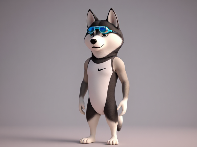 A tall Siberian Husky with a long torso and broad shoulders wearing a high cut Nike one piece swimsuit and swimming goggles
