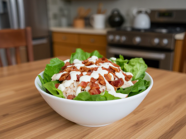 in a cozy kitchen on a table we see a bowl of Keto Turkey Bacon Ranch Bowl 🥓
Ingredients:
1 cup diced turkey
2 slices cooked bacon, crumbled
2 tbsp ranch dressing
1 cup mixed greens
Instructions:
Arrange mixed greens in a bowl and top with turkey and bacon.
Drizzle with ranch dressing and serve.
Summary:
This turkey bacon ranch bowl is rich, creamy, and satisfying. Packed with protein and healthy fats, it’s perfect for lunch or meal prep. Bacon makes everything better, doesn’t it?