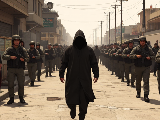 A hooded figure walking towards of enemy soldiers as he protects the people in Palestine Image in the art style of the video game Grand Theft Auto.