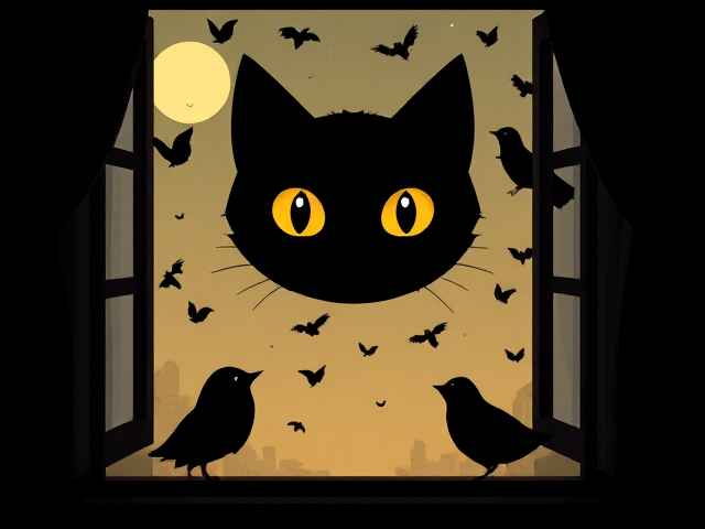 Looking into a window with a silhouette of cat eyes inside looking out the window at scared birds
