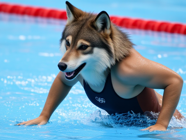 A anthropomorphic wolf Olympic swimmer wearing a one piece swimsuit