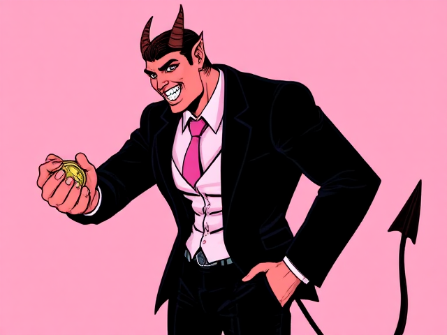 Handsome adult cartoon devil in a two-tone black and soft pink business suit with a split body, one half soft pink and the other half black, facing right while flipping a coin with a mischievous grin. Subject is facing 90 degrees to the right