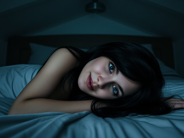 A tall woman 30 years old long black hair blue eyes laying on the bed sideways smiling at the camera