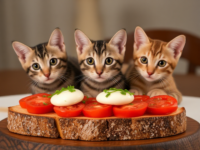 Una bruschetta pomodorro e mozzarella, sulla tavola, con 3 picoli gatti carini.