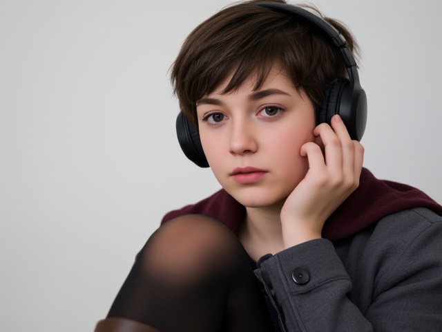 15-year-old woman feeling lonely, with short, shaggy unkept dark brown hair. She is wearing black headphones and a grayish maroon jacket. Her eyes are dull hazel, complemented by black stockings and dark brown boots, set in a somber mood, capturing her sense of solitude