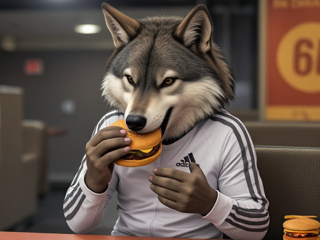 A anthropomorphic wolf wearing an adidas swimsuit eating a Big Mac