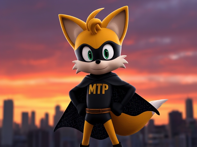 A very cute and detailed depiction of Miles Tails Prower, standing in a dynamic and heroic pose, wearing a custom-made superhero costume that features a sleek black cape with intricate silver linings. The initials "MTP" are prominently imprinted on his suit in bold gold letters. His two tails are flared out behind him, adding to the sense of motion. The background showcases a city skyline at sunset with vibrant colors adding to the dramatic effect.