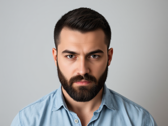 Add a serious-looking man positioned at the center of the image. He should have short, neatly trimmed dark hair and a full beard, with a focused expression that conveys determination and intensity. His facial features should be well-defined, with soft lighting creating highlights on his cheekbones, forehead, and nose. Ensure his skin tone looks natural with realistic shading. The man should wear a light blue denim shirt with visible creases for a casual yet professional look. Add a slight glow or outline around him to separate him from the background and make him the focal point.