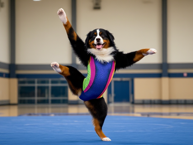 Anthropomorphic Bernese mountain dog performing gymnastics in a colorful leotard, inside a gymnasium, dynamic pose, detailed fur, vibrant colors