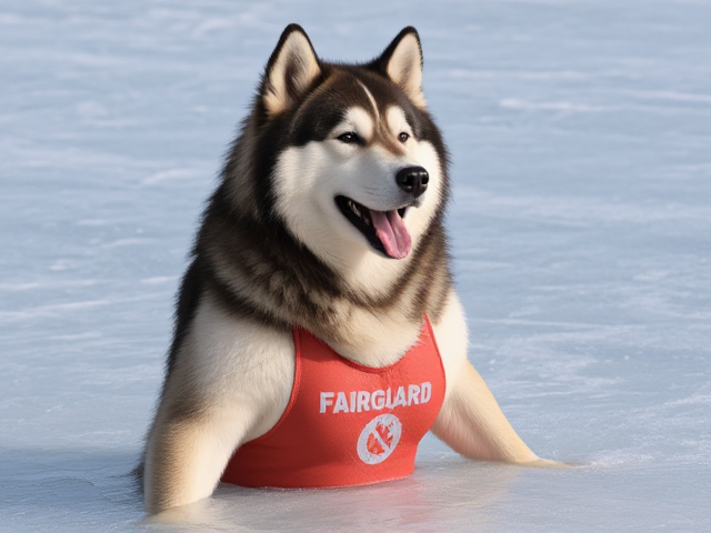 Anthropomorphic Alaskan malamute lifeguard one piece swimsuit ice bath