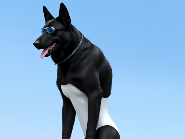 A tall and lean anthropomorphic black German shepherd with a long torso and broad shoulders wearing a white high cut Nike one piece swimsuit and swimming goggles