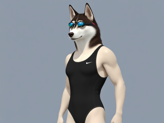 A tall and lean anthropomorphic Siberian husky with a long torso and broad shoulders wearing a high cut Nike one piece swimsuit and swimming goggles