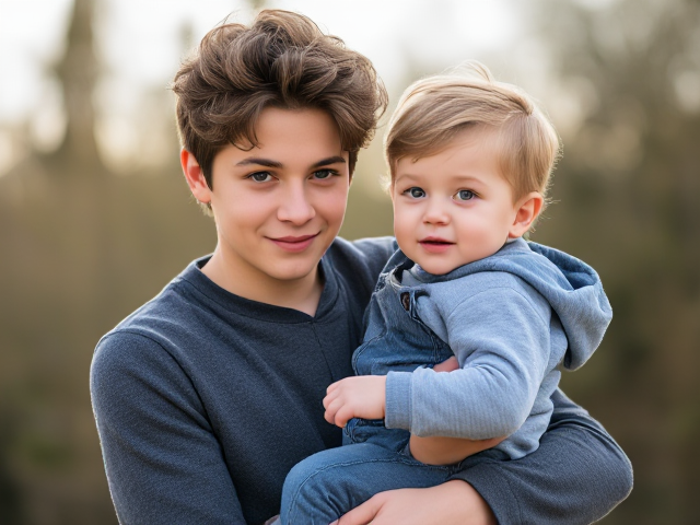 handsome skinny teenage boy with fluffy hair carefully holding slightly younger brother in his arms