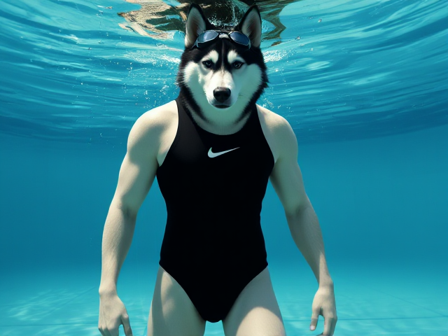 A tall and lean anthropomorphic Siberian husky with a long torso and broad shoulders, wearing a black Nike one piece swimsuit and swimming goggles, underwater