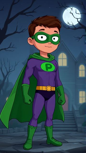 Dramatic Cartoon scene: A young, Autistic 25-year old boy with light skin and flat, smooth, and slick brown hair with a singular curled bang in the shape of a P sticking out at the front named T.J. Granger, but transformed into a genetically-altered superhero named Powerman, who, despite still being a young adult kid, has an extremely muscular body. He wears a sleek purple bodysuit with a green P symbol on his chest, a golden belt with a circular buckle, green briefs, green boots, green long-cuffed gloves, a really big, toe-length long, ultra-wide green cape wreathed around his neck, and a green eye mask that protects his true identity and also causes his pupils to magically disappear as his eyes glow an eerie white. He also has incredible and invincible superpowers flowing through his veins. In this scene, Powerman is currently standing just outside of a mysterious abandoned mansion at night, ready to begin his investigation.