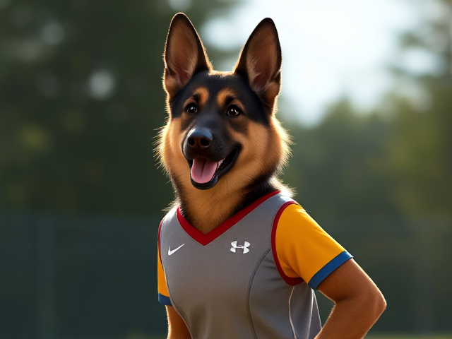 A anthropomorphic German shepherd with a long torso wearing her volleyball uniform
