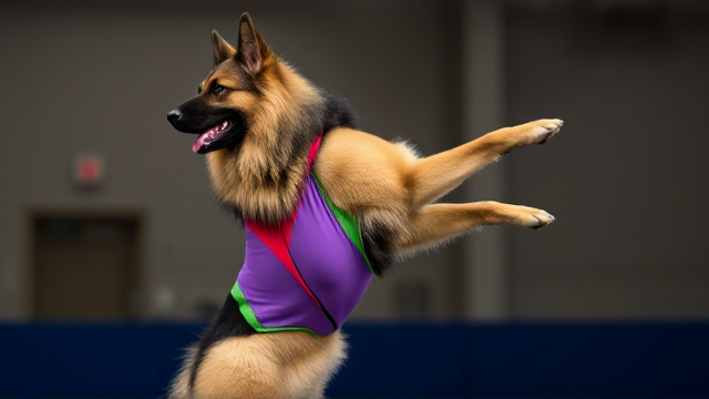 Long-haired German Shepherd in a colorful leotard performing gymnastics, indoor setting, dynamic pose, focused expression, detailed fur and fabric textures