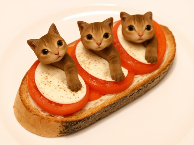 Una bruschetta pomodorro e mozzarella, sulla tavola, con 3 picoli gatti carini.