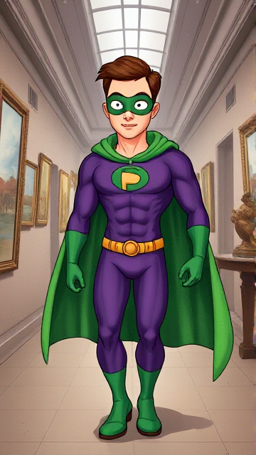 Modern Cartoon scene: A young, Autistic 25-year old boy with light skin and flat, smooth, and slick brown hair named T.J. Granger, but transformed into a genetically-altered superhero named Powerman, who, despite still being a young adult kid, has an extremely muscular body. He wears a sleek purple suit with a green P symbol on his chest, a gold belt with a circular buckle, green briefs, green boots, green long-cuffed gloves, a really big, toe-length long, ultra-wide green cape wreathed around his neck, and a green eye mask that protects his true identity. He also has incredible and invincible superpowers flowing through his veins. In this scene, Powerman is currently walking through a museum, investigating the scene of the crime.