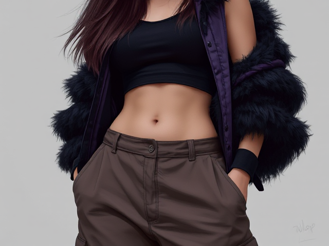 baggy cargo pants, sleeveless crop top, black and purple fluffy shirt hair. Nonbinary. Oc