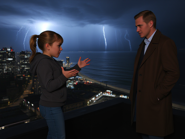 A petite 13-year-old girl with strawberry blonde hair in a ponytail, wearing a hooded pullover and jeans, is standing on the roof ledge of a night club. Next to her on the roof, standing nearby is a modern-day, pale skinned vampire in his late twenties, with blonde hair, dressed in a brown trench coat and jeans. He appears uneasy as he looks at her, holding his hands out and taking a step back. The girl gestures angrily at him with her hands, flailing her arms and with a scowl on her face. at him in frustration. A thunderstorm approaches the cityscape from the sea shore. Set at night. The girl has a cut in her forehead.