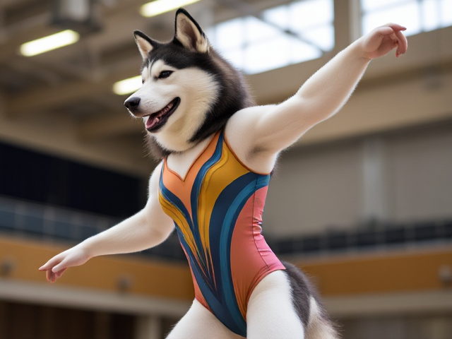 Anthropomorphic Siberian husky wearing a colorful gymnastics leotard, performing in a well-lit gymnasium, dynamic pose, detailed fur and fabric textures