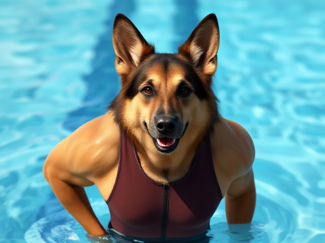 A tall anthropomorphic long-haired German shepherd Olympic swimmer with a long torso and broad shoulders wearing a racing swimsuit and goggles